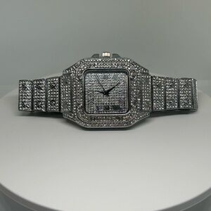 Iced Out Square Dial Watch Silver CZ Bling Hip Hop Stainless Steel Band